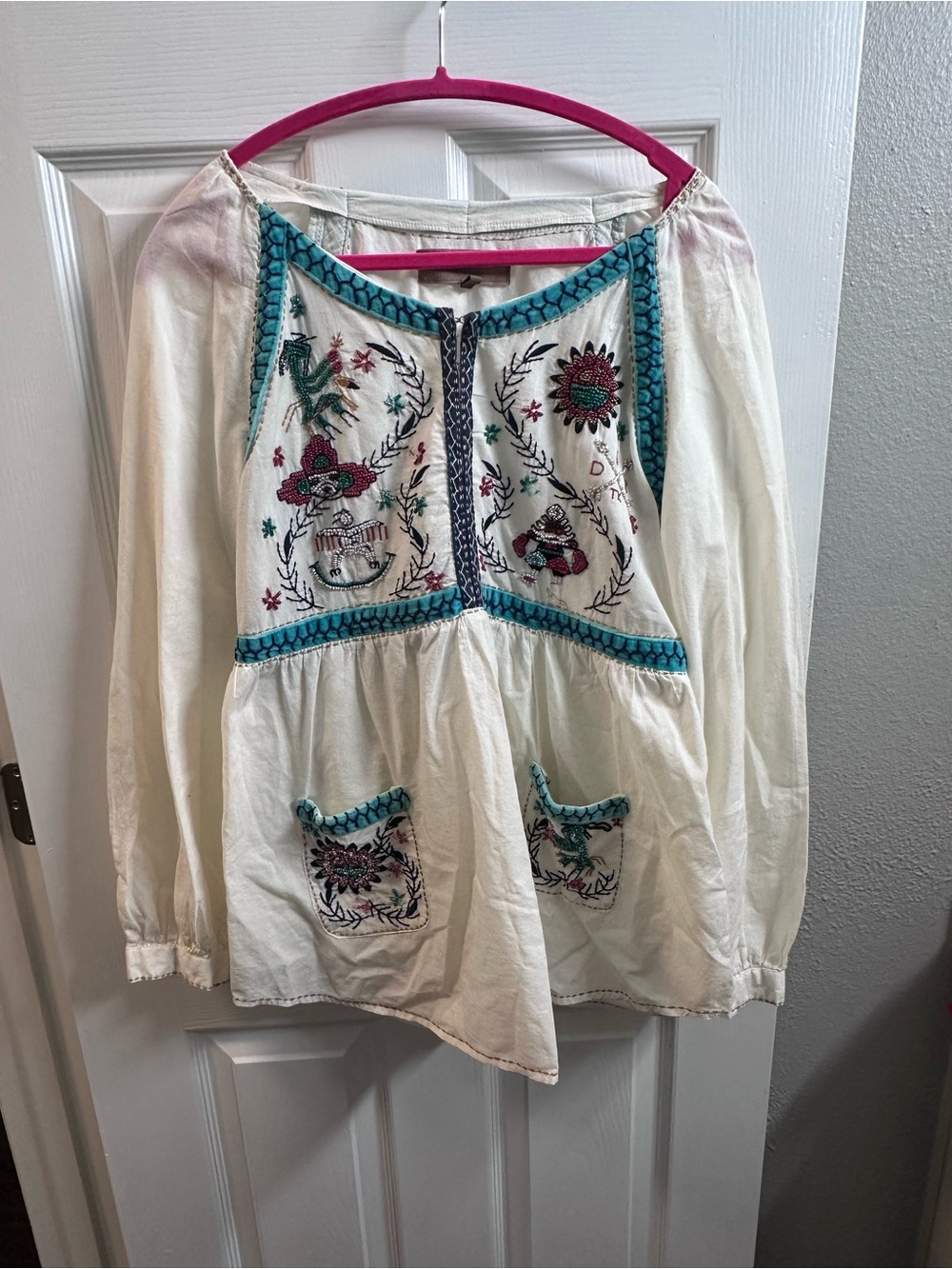 Double D Ranch Embroidered White Peasant Top with Teal